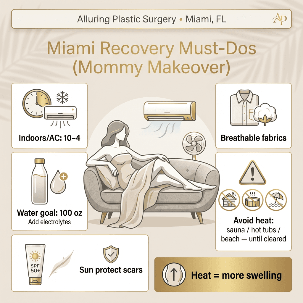 âMiami Recovery Must-Dosâ infographic: AC/indoors 10â4, breathable fabrics, 100 oz water goal + electrolytes, avoid sauna/hot tubs/beach until cleared, sun protection for scars, quick âheat = more swellingâ reminder.