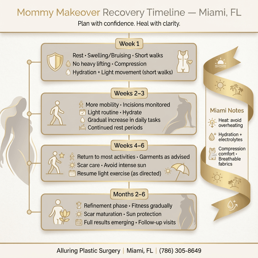 Luxury-styled “Mommy Makeover Recovery Timeline” overview (Week 1, Weeks 2–3, Weeks 4–6, Months 2–6) with key milestones and Miami notes (heat/hydration/compression).