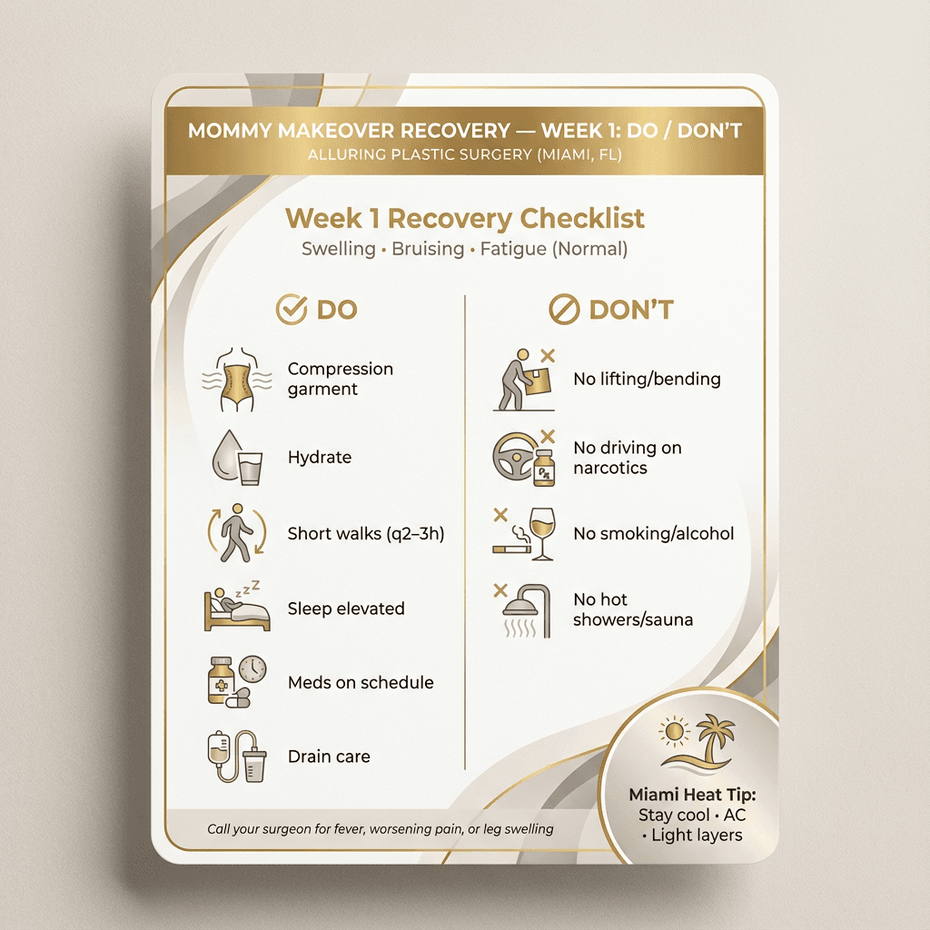 Week 1 “Do/Don’t” checklist card with icons (compression, hydration, short walks, medication schedule, no bending/lifting, shower guidance), plus a small callout for Miami heat (stay cool/AC).