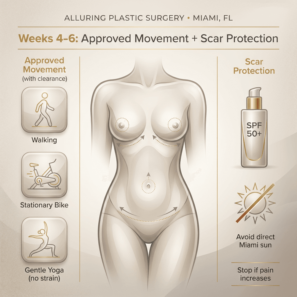 Simple, elegant diagram: “Weeks 4–6: Approved Movement + Scar Protection” showing walking/stationary bike/yoga icons, plus a scar-care SPF/sun-avoidance callout (Miami sun).