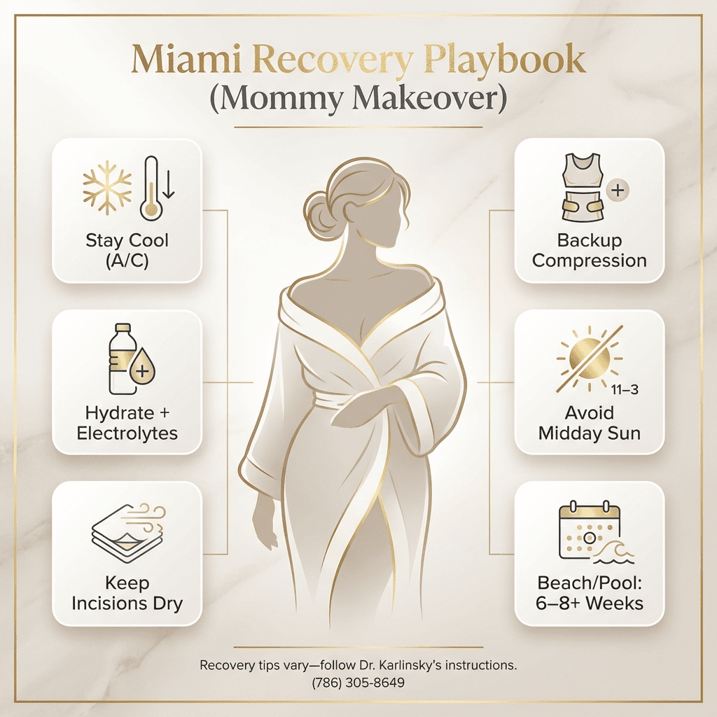 “Miami Recovery Playbook” mini-infographic: AC/cool environment, hydration + electrolytes, incision drying routine, backup compression garments, avoid midday sun, beach/pool timing (6–8 weeks minimum).