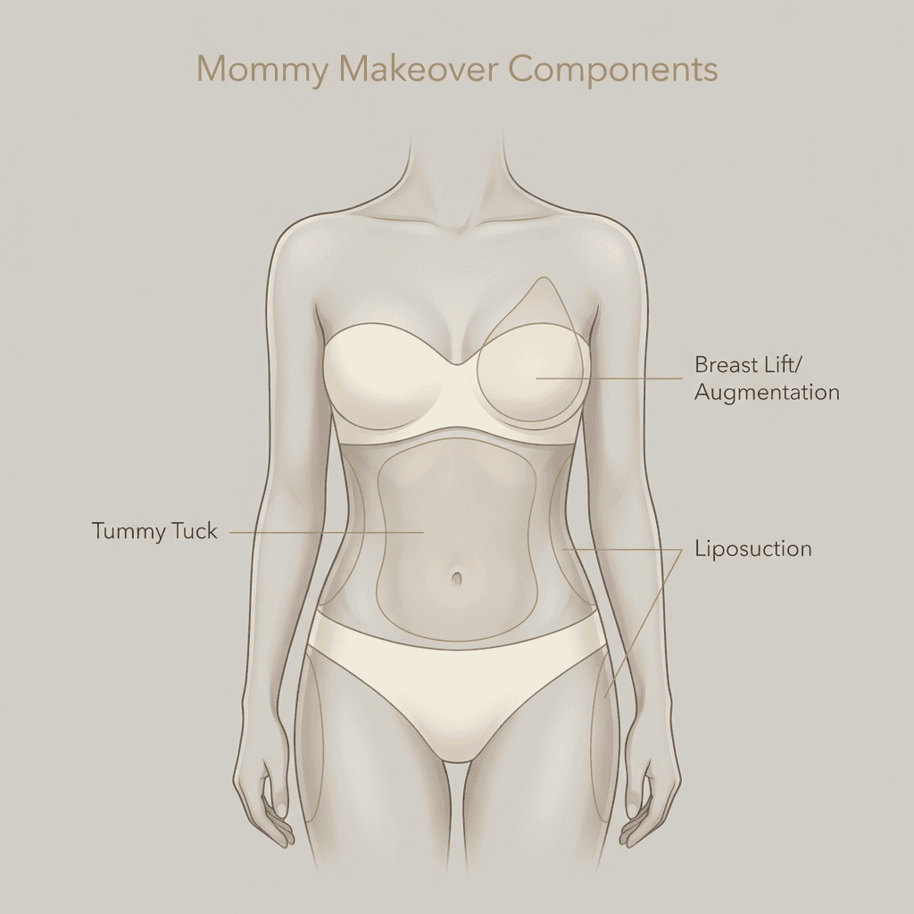 Clean, luxury-styled “Mommy Makeover Components” diagram: simplified female torso illustration highlighting abdomen, breasts, and common lipo areas; subtle stone-tone palette with gold accent labels.