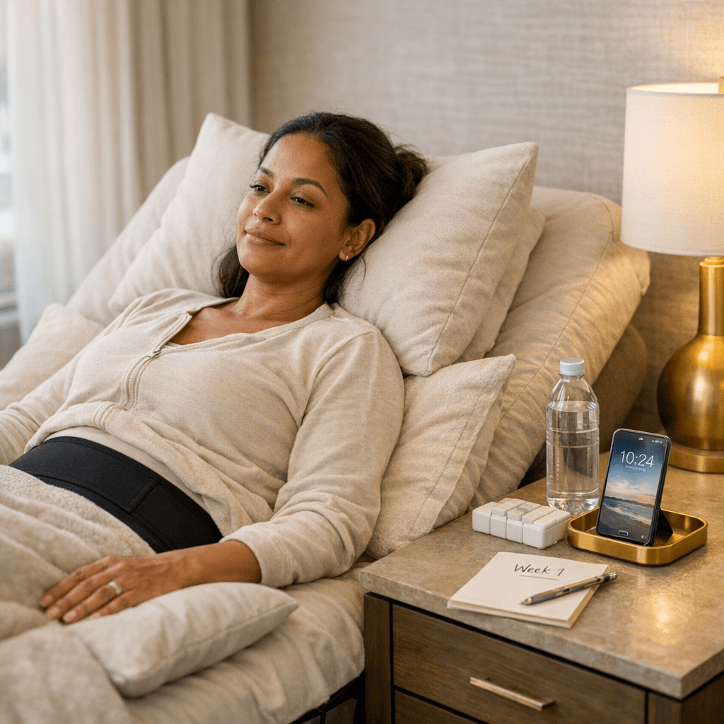 Elegant at-home recovery scene: woman resting elevated in a recliner/bed with neutral linens, side table with water bottle, timer/meds organizer, soft daylight; compression garment subtly present (no explicit wounds).