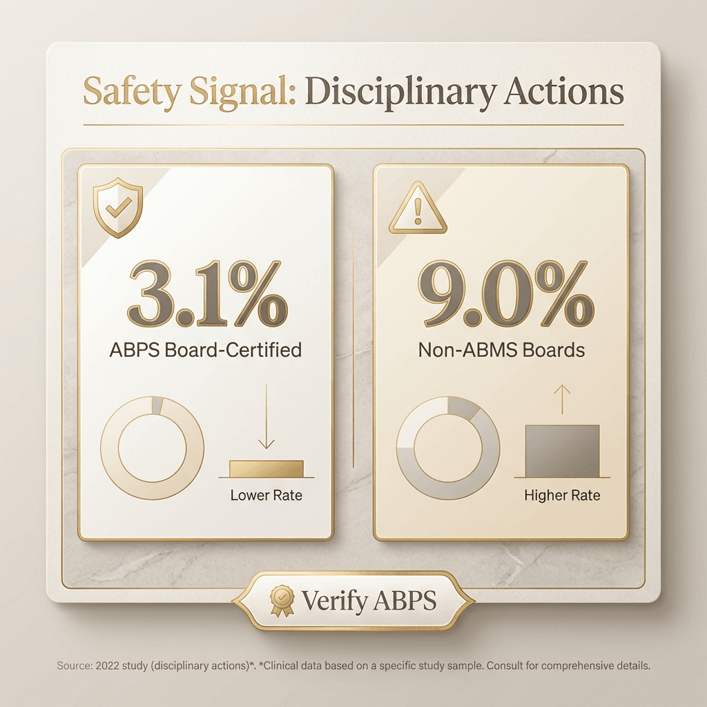Clean, luxury-styled data card comparing ABPS (3.1%) vs non‑ABMS (9.0%) disciplinary actions with citation footnote and “Verify ABPS” callout.