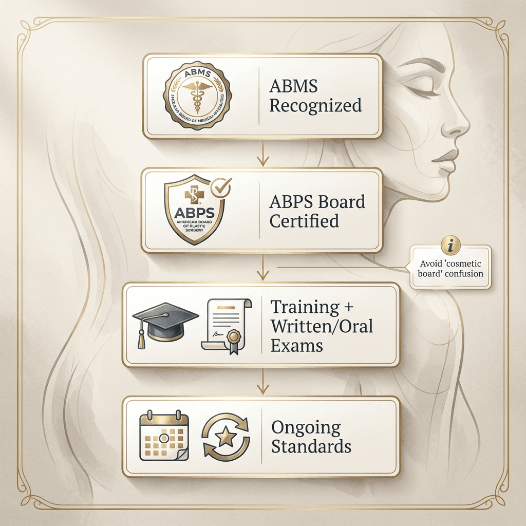 Credential “gold standard” diagram: ABMS → ABPS certification → training + written/oral exams → ongoing standards (with subtle stone/gold design accents).