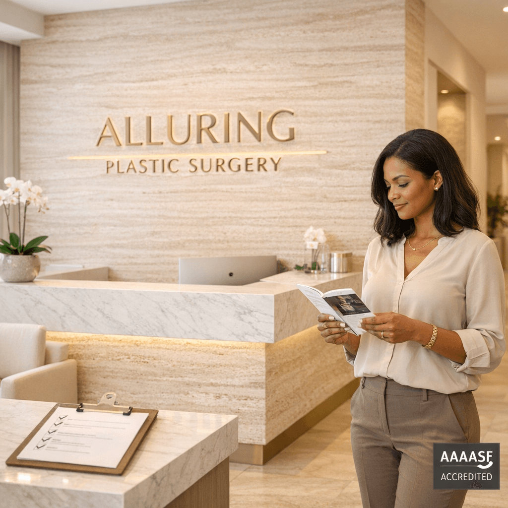 Elegant, well-lit shot of Alluring’s accredited facility (reception or corridor), with warm stone tones and subtle gold accents; optional small overlay badge “AAAASF Accredited.”