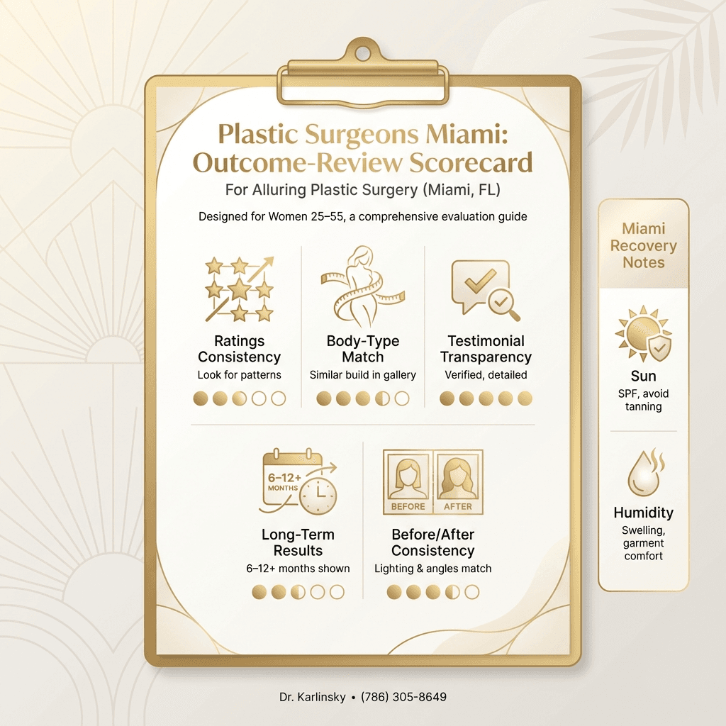 Outcome-review scorecard: ratings consistency, body-type match in gallery, transparency in testimonials, long-term results, Miami recovery notes (sun/humidity).