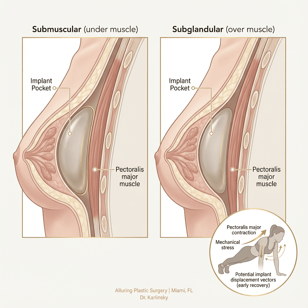 Anatomical illustration showing implant position relative to pectoralis major; callouts for submuscular vs subglandular placement and the direction of force during a push-up