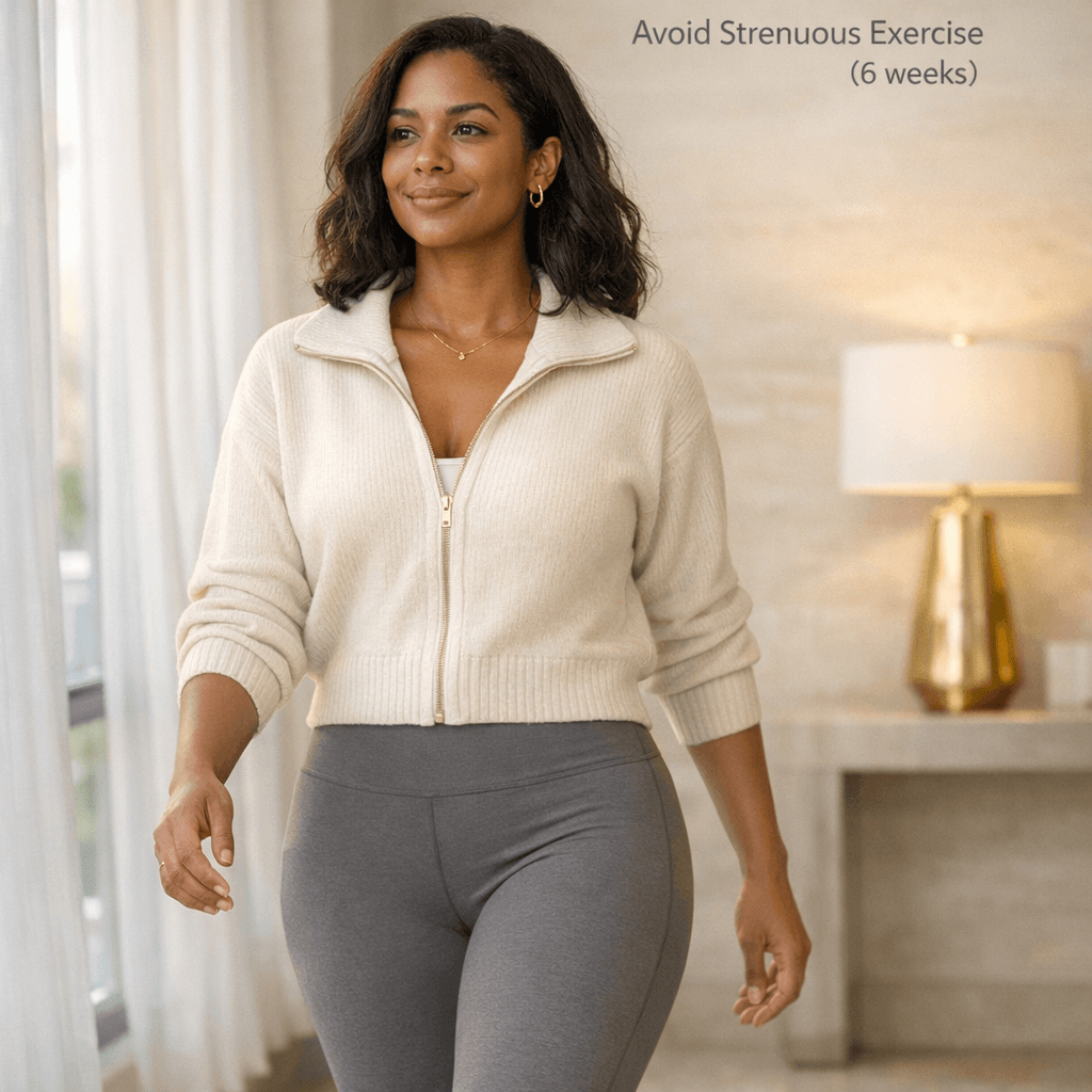 Lifestyle photo: well-dressed woman on a gentle walk (or walking indoors near a bright window), subtle post-op comfort cues (upright posture, relaxed pace), warm neutral palette