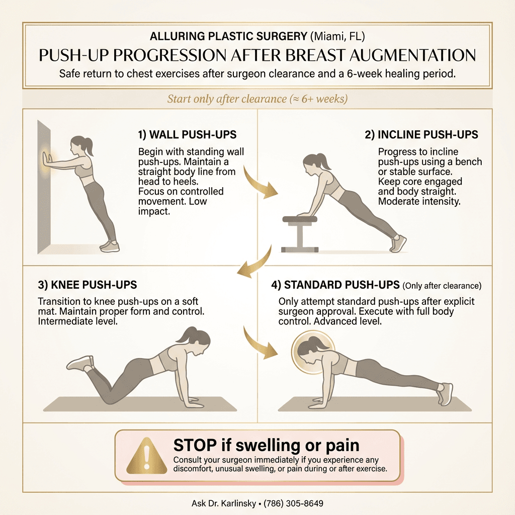 Step-by-step progression chart: Wall push-ups → incline push-ups → knee push-ups → standard (only after clearance), with “stop if swelling/pain” safety box