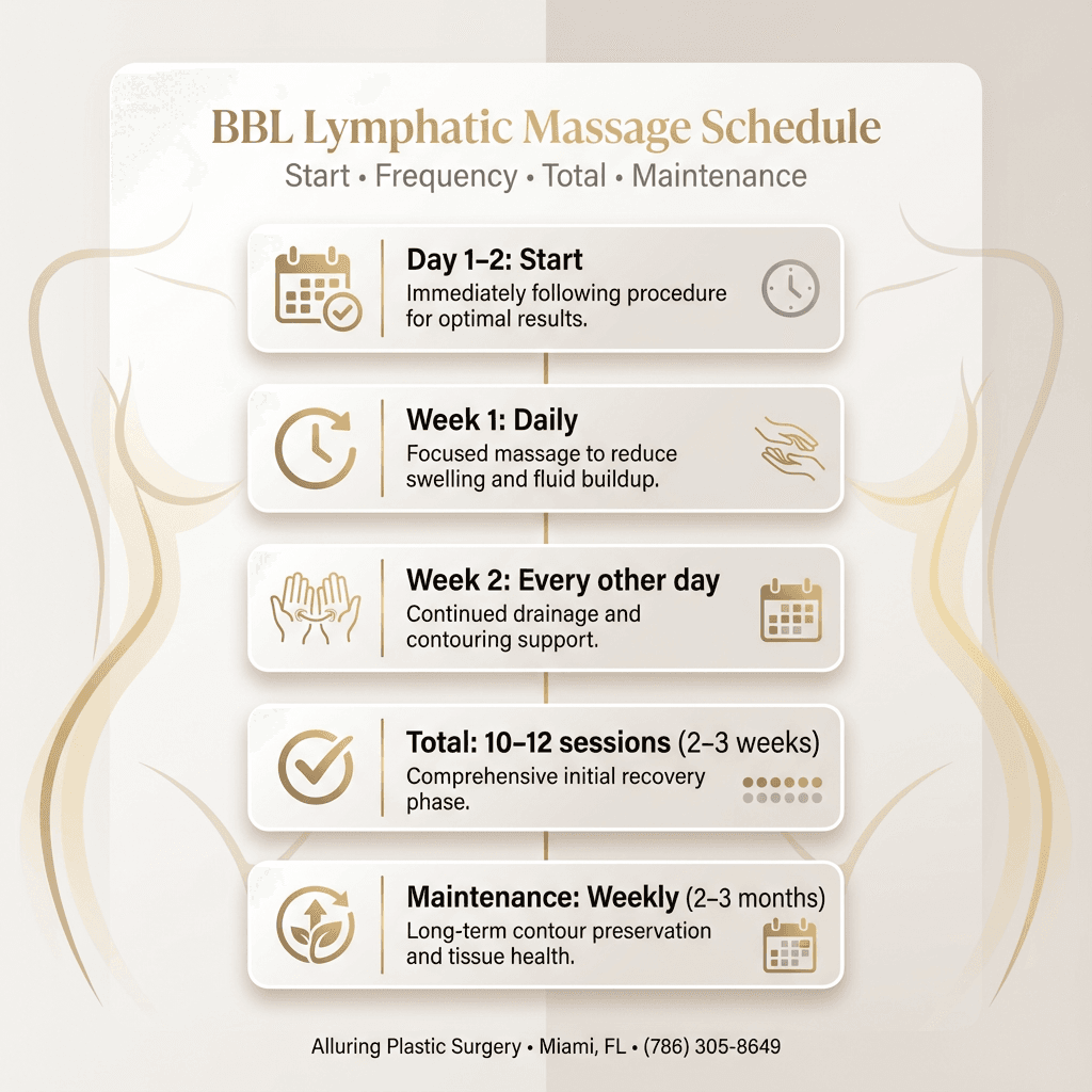 “BBL Lymphatic Massage Schedule” timeline graphic (Day 1–2 start, Week 1 daily, Week 2 every other day, 10–12 sessions in 2–3 weeks, weekly maintenance 2–3 months) in stone tones with subtle gold accents
