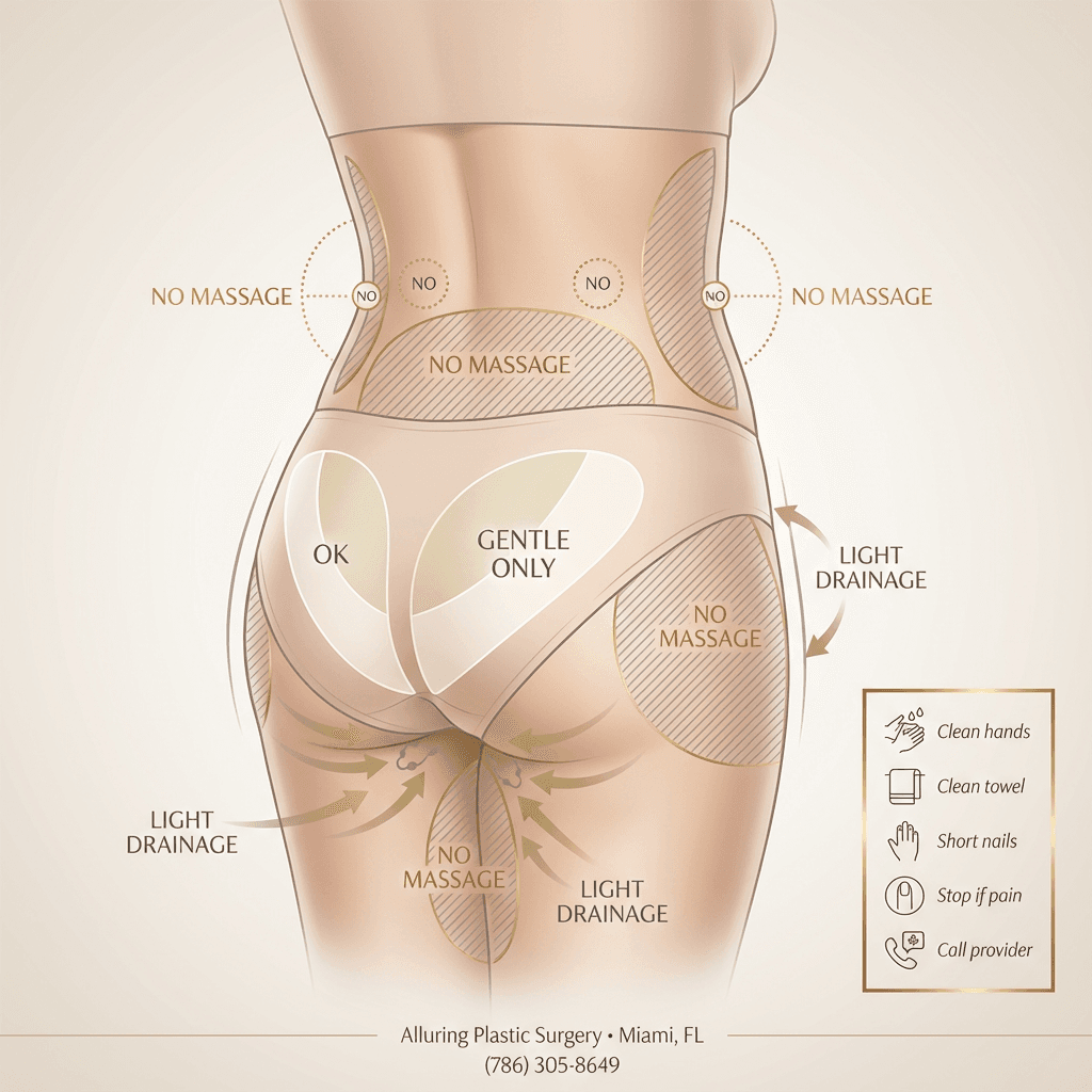 “BBL Massage Safety Zones” diagram (do not massage directly over incisions/fat harvest areas; gentle drainage pathways; hygiene checklist icons) in beige/cream with gold accent markers