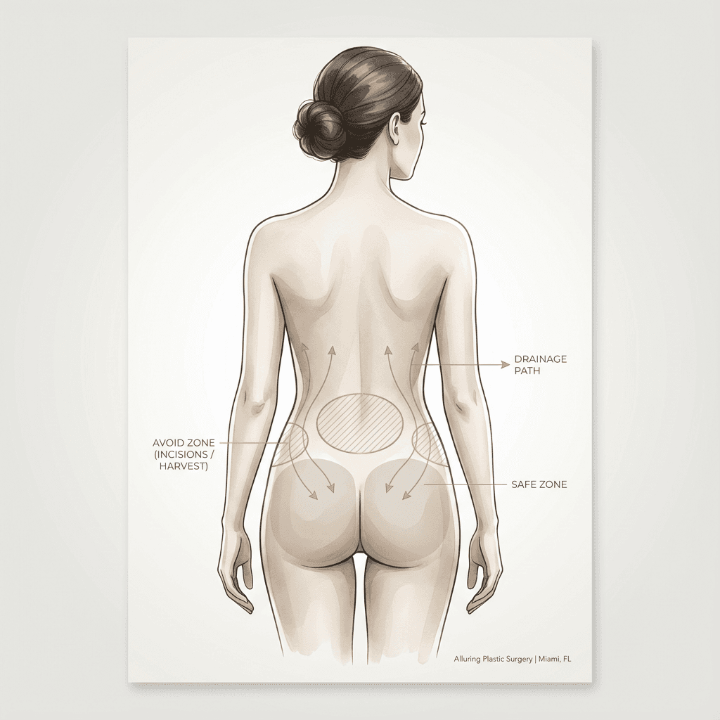 Clean, clinic-grade “Safe Zones vs Avoid Zones” body map (posterior view) with subtle, non-graphic markings: highlight areas to avoid (incisions/harvest zones) and gentle drainage pathway arrows; minimal text labels; stone + warm gray with gold outlines.