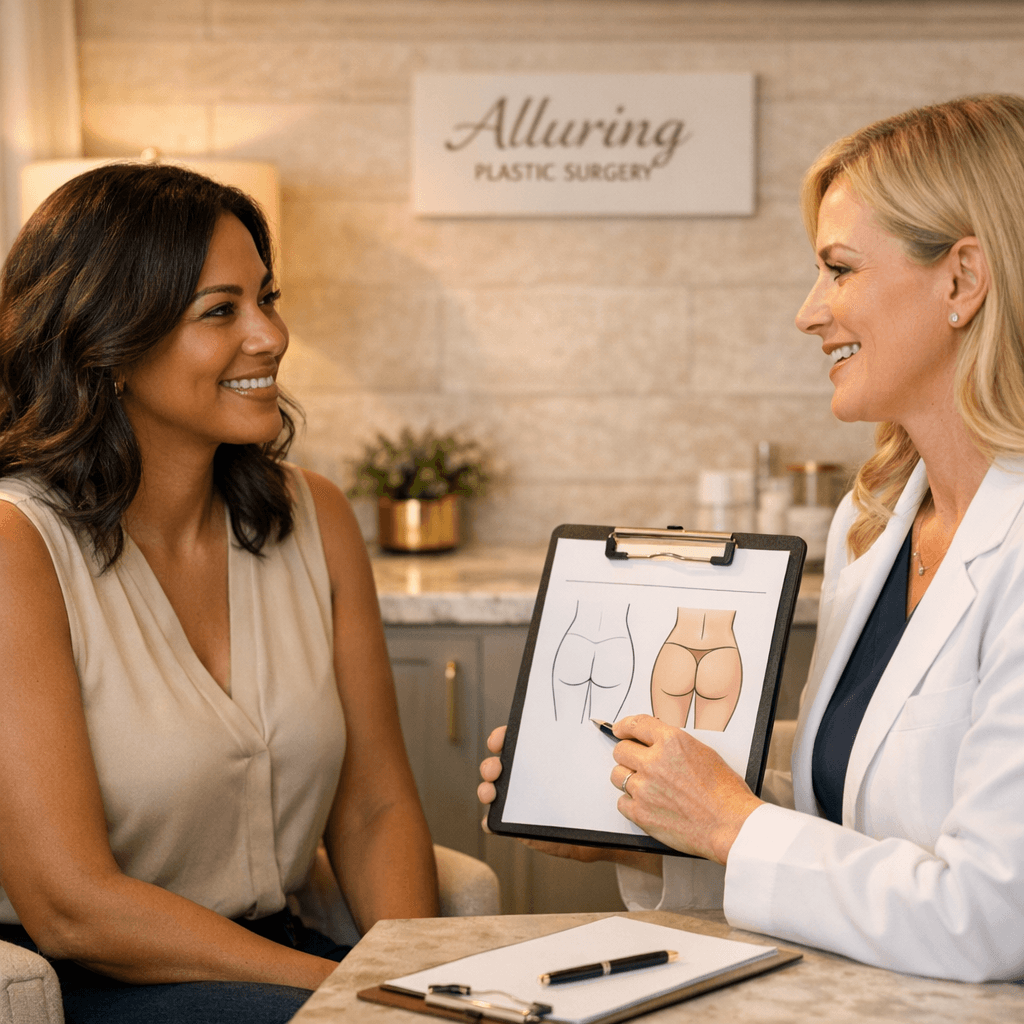 Elegant in-clinic consultation scene: surgeon/provider speaking with a female patient (25–55) in a refined Miami clinic setting; stone/beige interiors with subtle gold accents; warm, professional lighting; reassuring, aspirational mood.