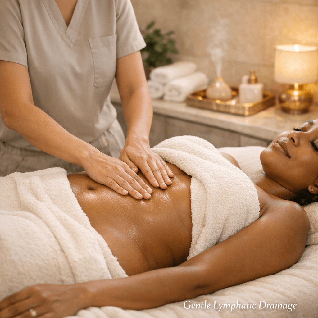 Luxury clinical/spa setting photo of a trained therapist performing gentle lymphatic drainage on a midsection/abdomen area (non-explicit, draped), aligned with stone tones + gold accents.