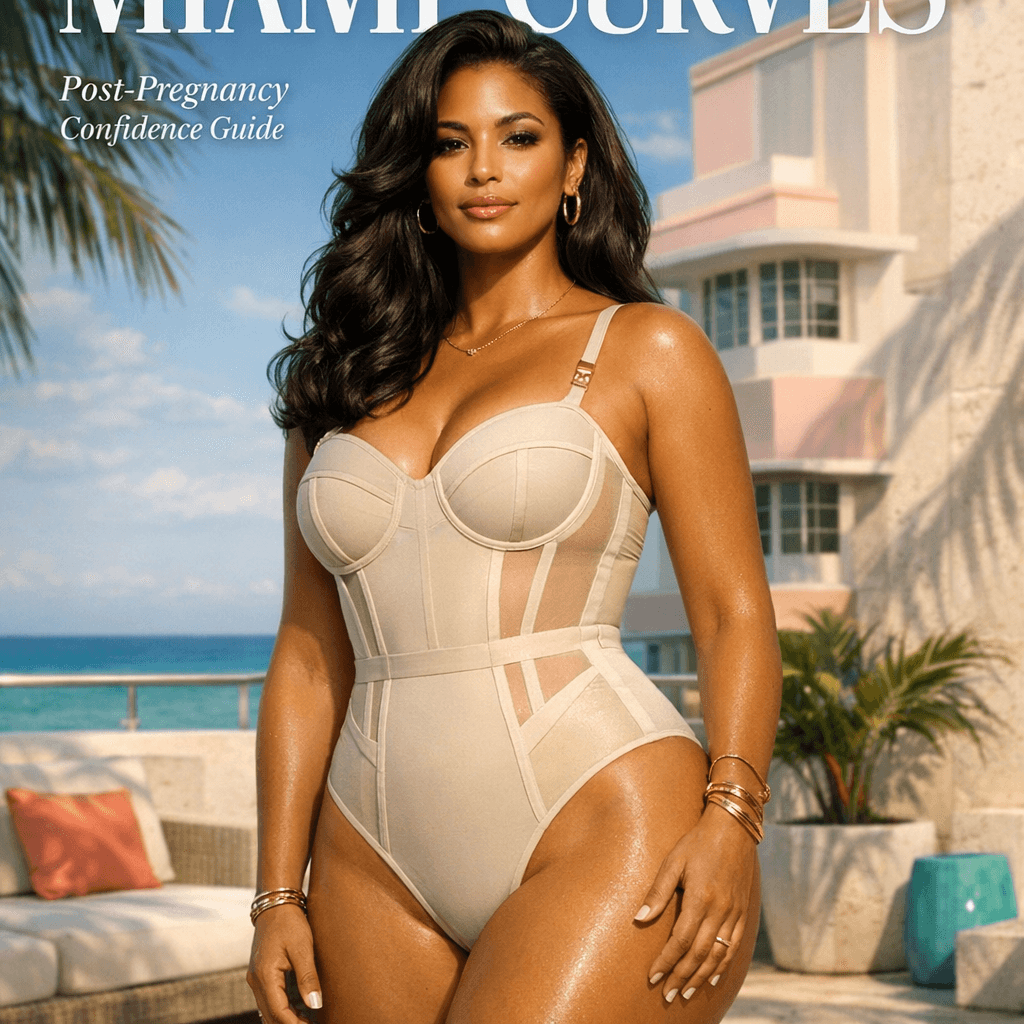 A confident post-pregnancy woman in an elegant Miami setting (tasteful, editorial)—styled in neutral stone tones with subtle gold accents; could be beachside or a luxury terrace, conveying renewed confidence (no explicit nudity).