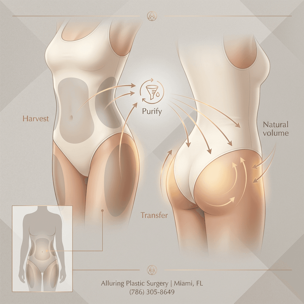 Minimal, premium anatomical diagram: highlighted donor areas (abdomen/flanks/thighs) with arrows to buttocks/hips; labels like “harvest,” “purify,” “transfer,” using clinic brand colors (warm grays/beige) and gold accents.