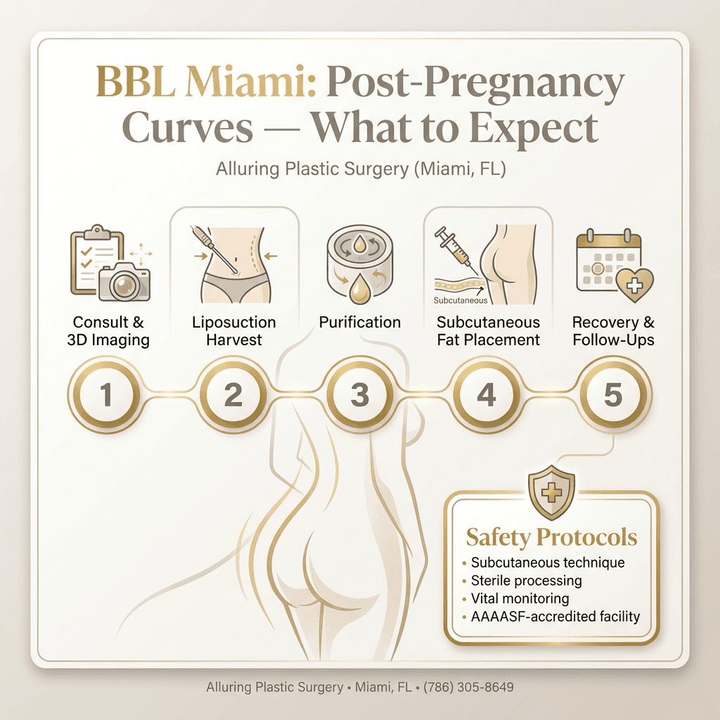 4–5 step process infographic: 1) Consultation & imaging, 2) Liposuction harvest, 3) Purification, 4) Subcutaneous fat placement, 5) Recovery & follow-ups; include small icons and a “Safety protocols” callout (AAAASF-accredited facility).
