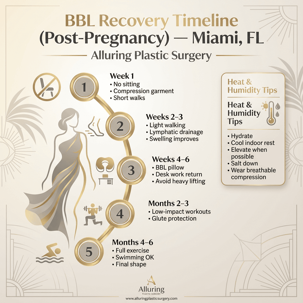 BBL recovery timeline tailored to Miami: Week 1 (no sitting), Weeks 2–3 (light walking/lymphatic drainage), Weeks 4–6 (BBL pillow/return to desk work), Months 2–6 (exercise/swimming); include “heat & humidity swelling tips.”