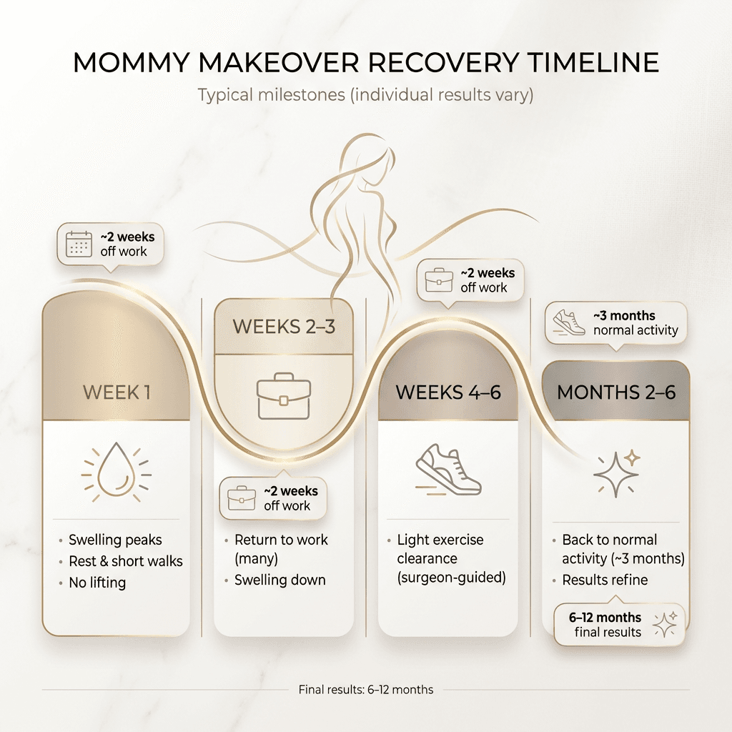 High-level mommy makeover recovery timeline graphic (Week 1, Weeks 2–3, Weeks 4–6, Months 2–6) with key milestones: swelling peak, return to work, exercise clearance, final results; luxury clinic palette (stone tones + gold accents).