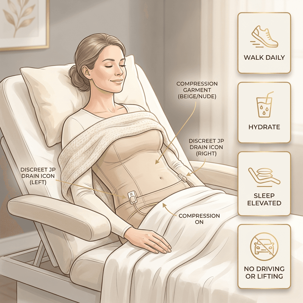 Clean, non-graphic illustration of post-op recovery setup: patient resting elevated in a recliner/bed, compression garment placement, discreet drain placement iconography, and 3–4 “Week 1 essentials” callouts.