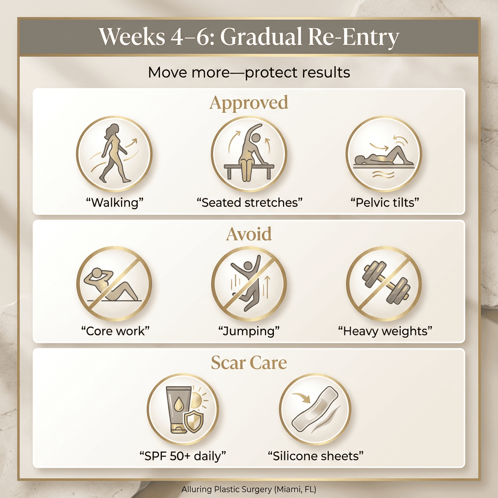 Weeks 4–6 activity progression chart: approved movements (walking, seated stretches, pelvic tilts), “avoid” list (core work/jumping/heavy weights), and a scar-care reminder (SPF 50+, silicone sheets).