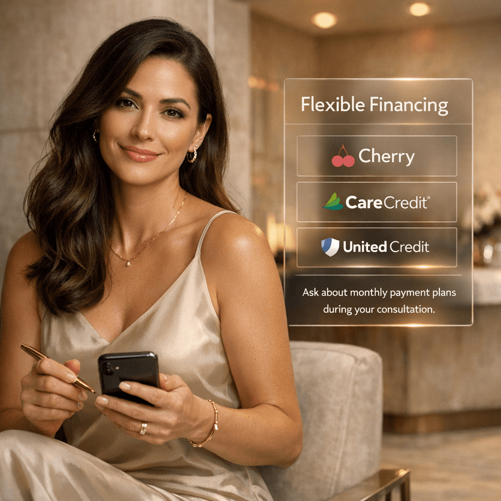 Luxury-styled financing/options graphic: “Flexible Financing” header, the three providers (Cherry, CareCredit, United Credit) in a clean grid, plus a subtle CTA: “Ask about monthly payment plans during your consultation.”