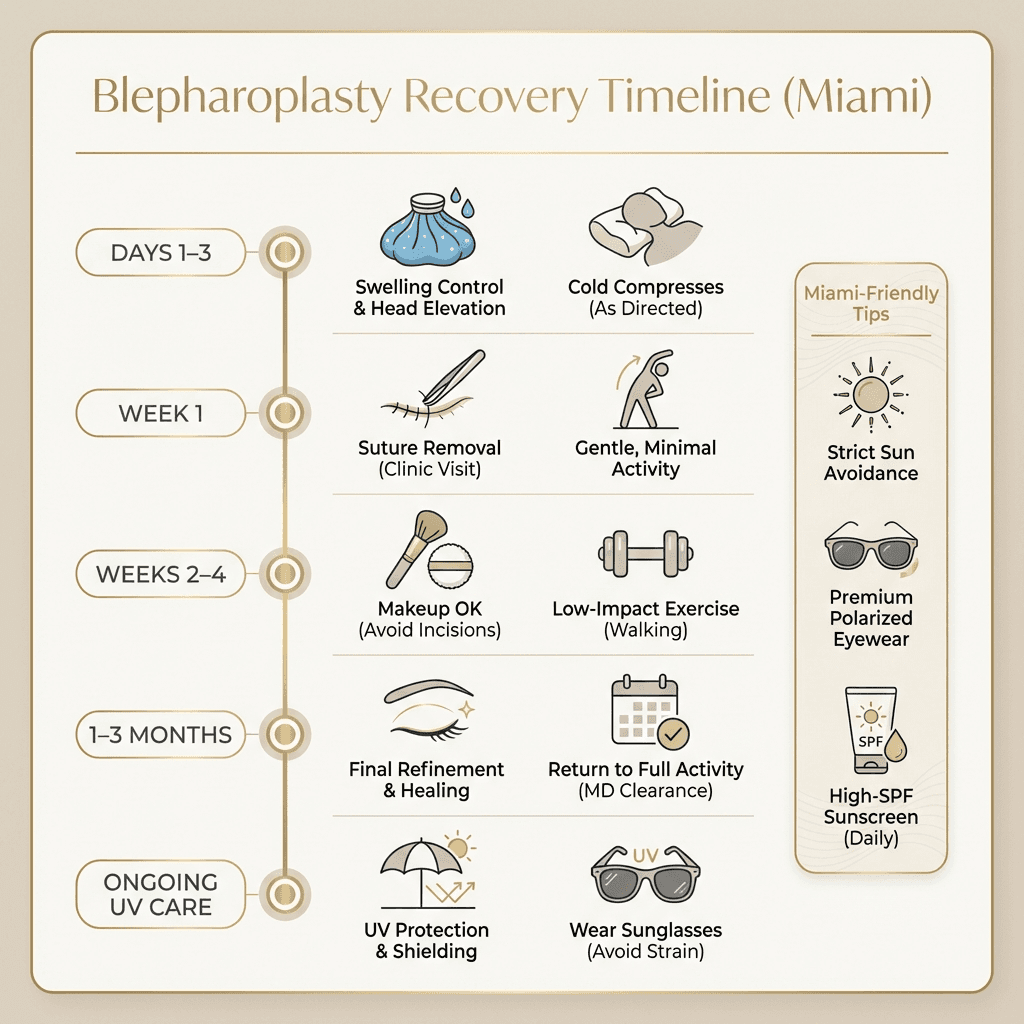 Vertical infographic showing blepharoplasty recovery timeline with icons for swelling, suture removal, makeup, eyelid heal...