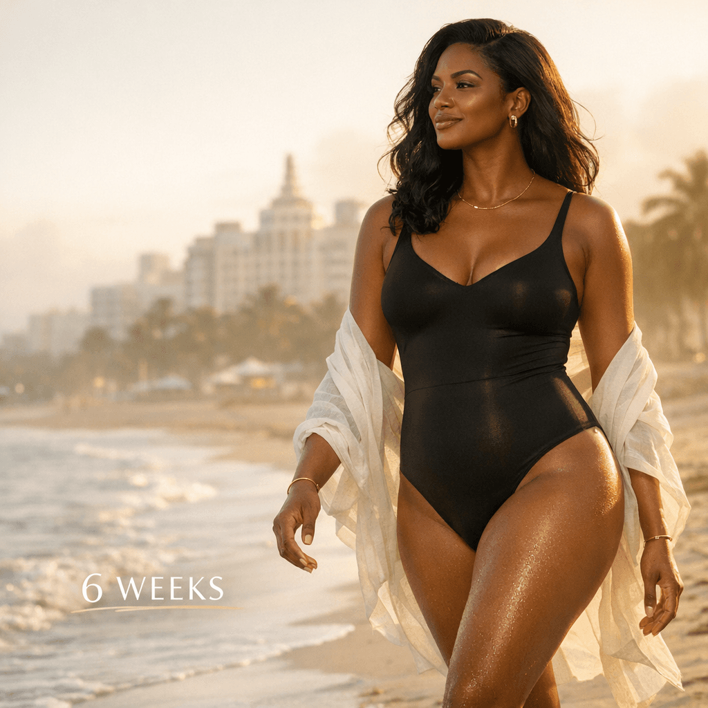 A tasteful, aspirational Miami beach-walk moment: confident mom silhouette near shoreline/South Beach vibe (no explicit “before/after”), warm stone-toned color grading with subtle gold accent styling.