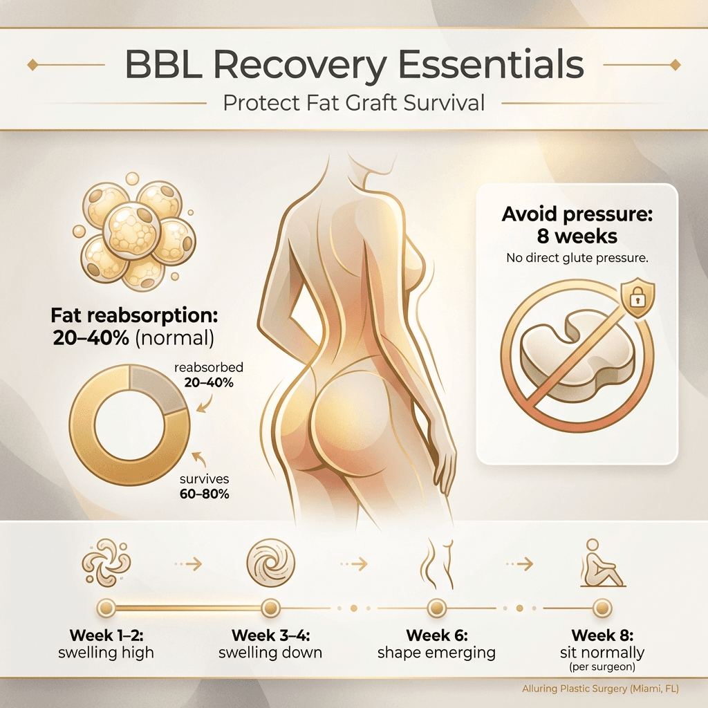 Clean infographic: “BBL Recovery Essentials” featuring 20–40% fat reabsorption note, “avoid pressure 8 weeks,” and a simple mini-timeline of swelling/shaping milestones (stone palette + gold line accents).