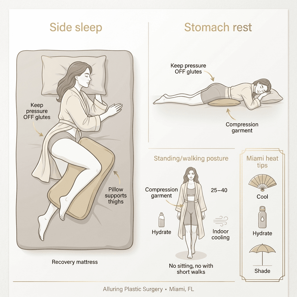 Simple, elegant line illustration: safe BBL recovery positions (side/stomach), pillow placement, and “no direct pressure” callouts; include a small “Miami heat tips” sidebar icon set (fan, water, shade).