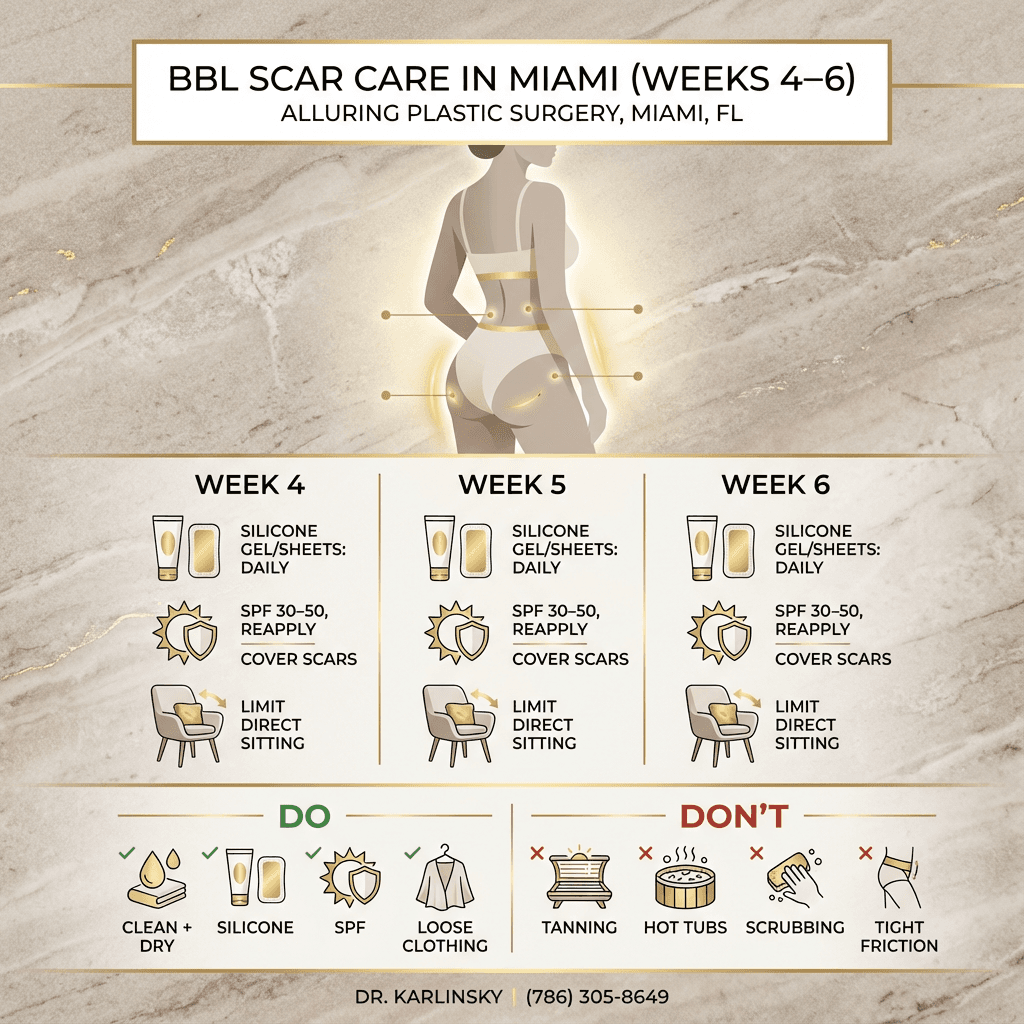 Infographic: “BBL Scar Care in Miami (Weeks 4–6)” with silicone gel/sheets timing, SPF/UV guidance, and do/don’t icons (stone background, gold accent dividers).