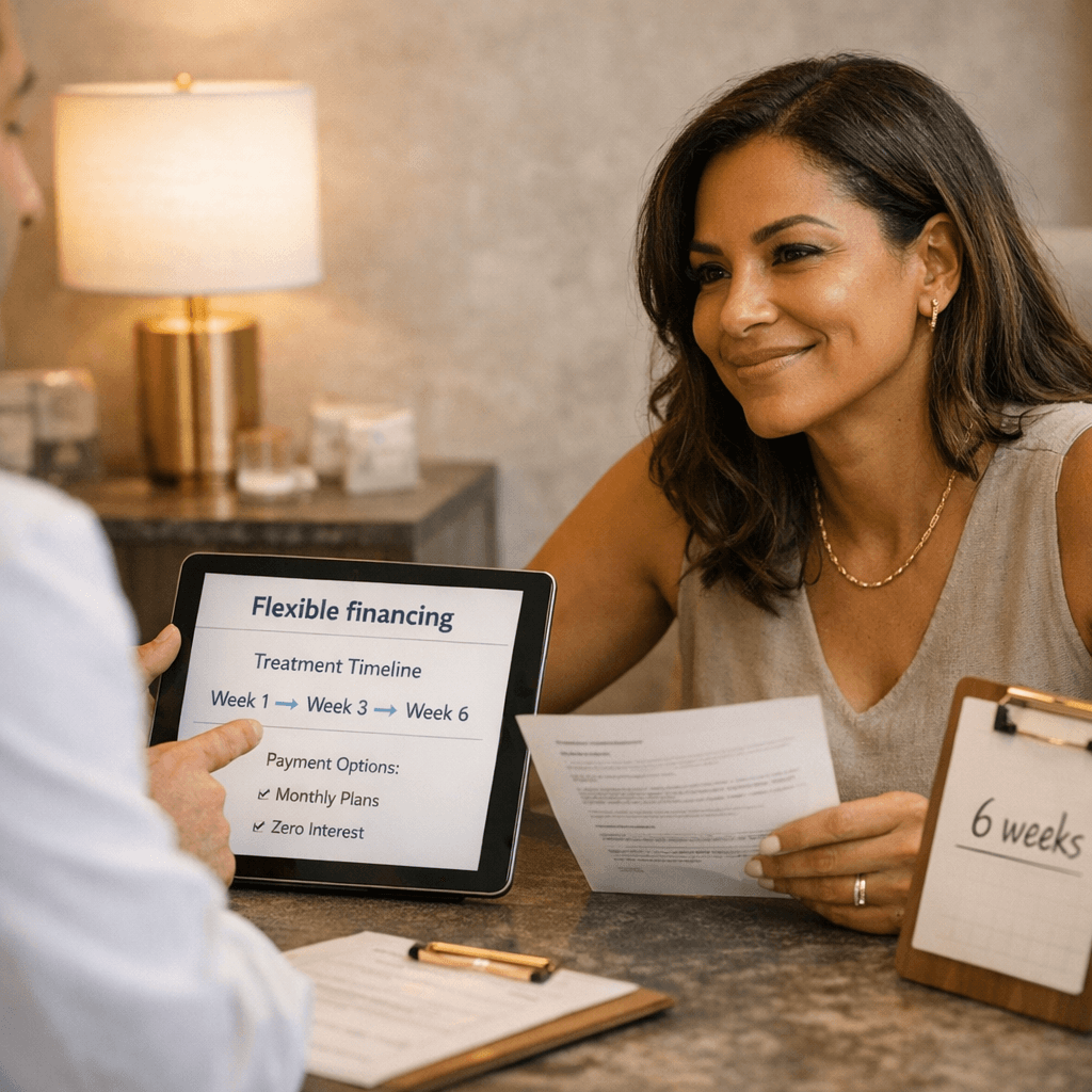 High-end consultation scene in a Miami luxury clinic: warmly lit office, stone-toned interior, subtle gold accents, doctor/patient interaction (faces optional), documents/tablet present to imply planning/financing.