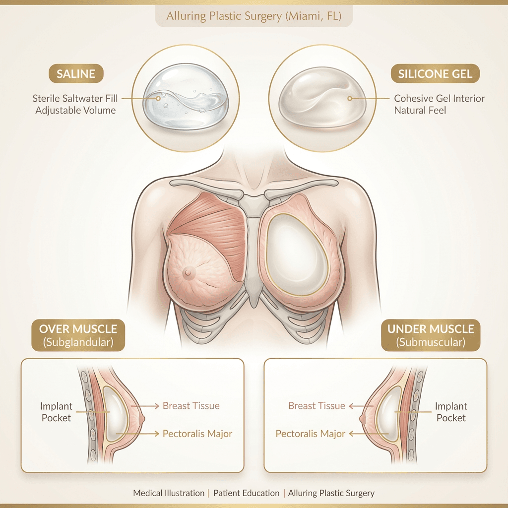 Clean, labeled medical illustration: breast implant types (saline vs silicone) and a simplified diagram of over/under muscle placement; neutral stone background and gold callouts for a luxury clinical look.