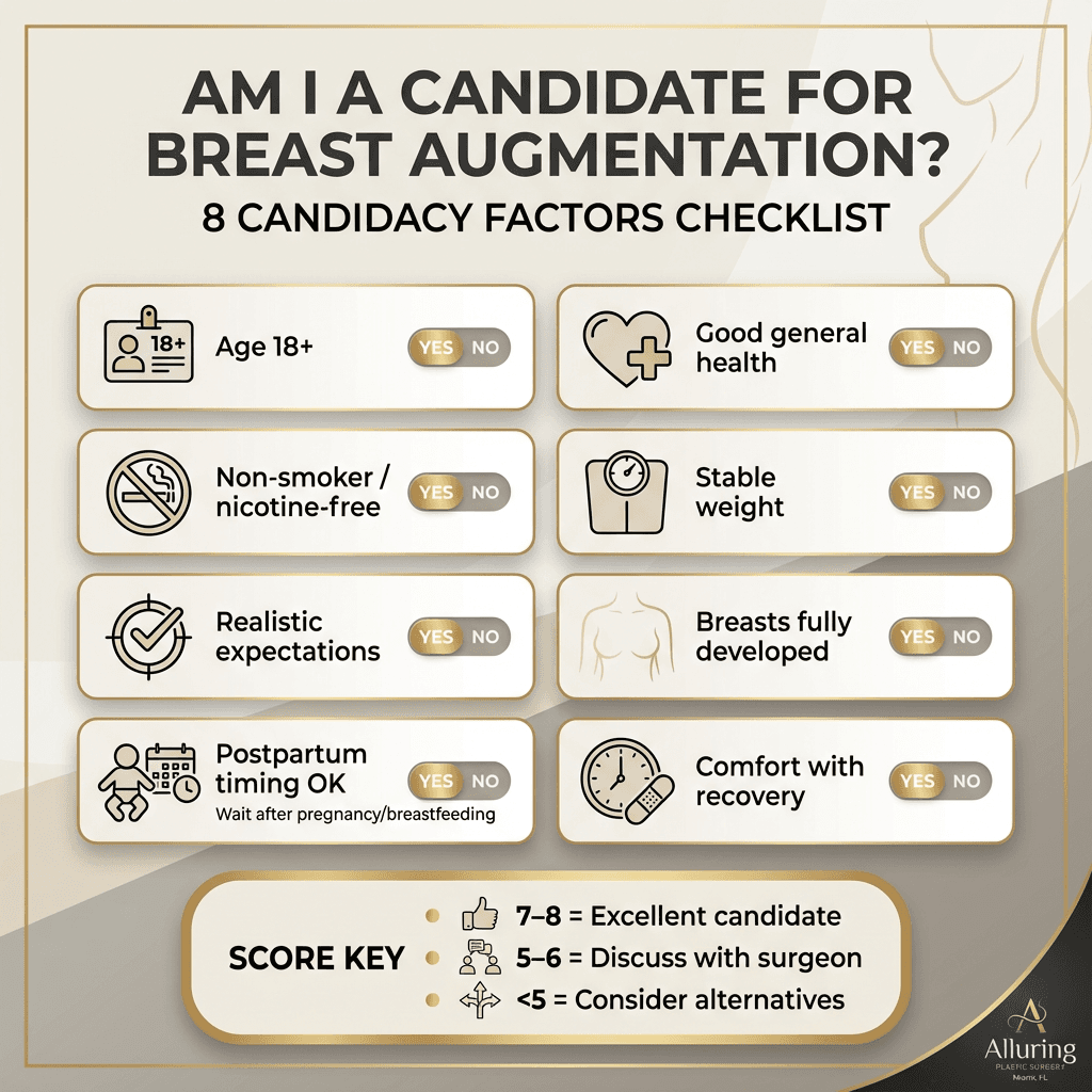 One-page checklist graphic: “8 Candidacy Factors” with Yes/No toggles and a score key (Excellent candidate / Discuss / Consider alternatives). Include postpartum timing and non-smoker/stable weight icons; stone tones + gold accent lines.