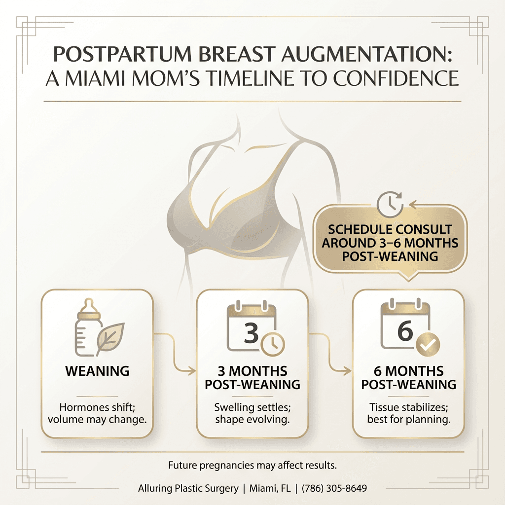 Postpartum planning timeline infographic for Miami moms: milestones (weaning, 3 months, 6 months), what changes are happening, and when to schedule consult; subtle note on “future pregnancies may affect results.”