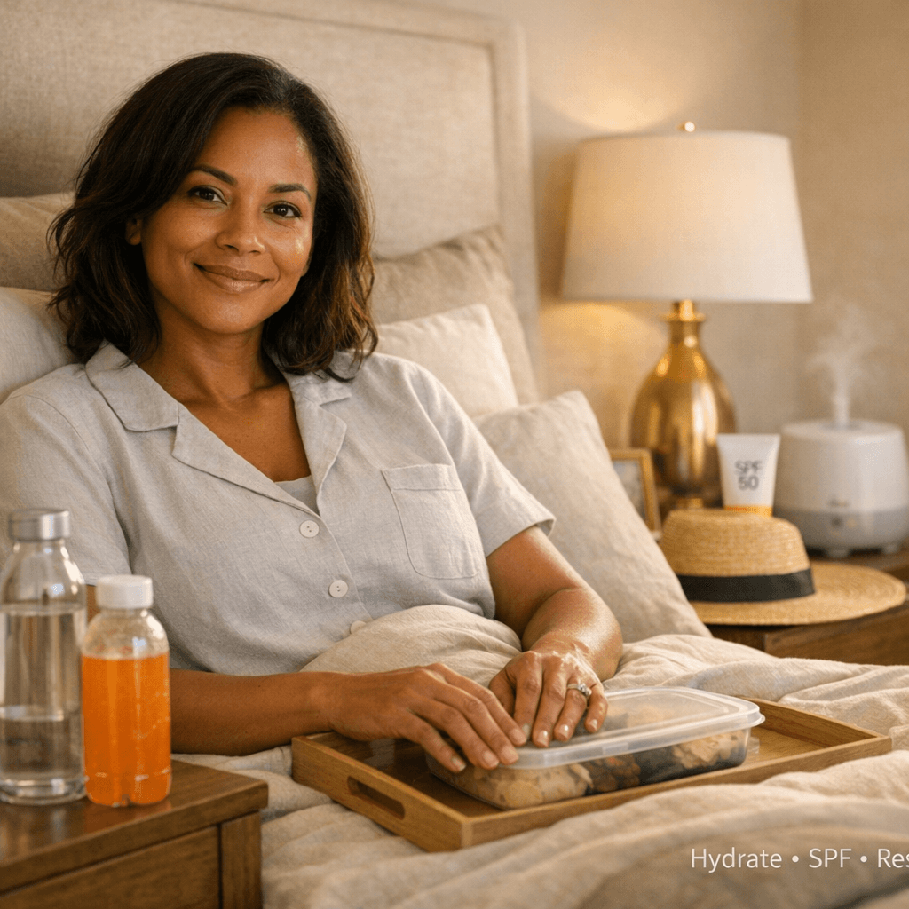 Lifestyle photo: elegant, softly lit recovery moment—woman resting comfortably at home in neutral linens, water nearby, wide-brim hat/SPF on a side table; warm stone palette with subtle gold decor accents.