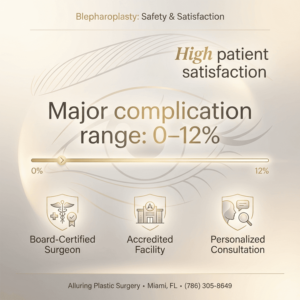 Clean, luxury-styled stats card: “High satisfaction / Low major complication range (0–12%)” + 2–3 safety/credential callouts (board-certified, accredited facility) in stone tones with subtle gold accents.
