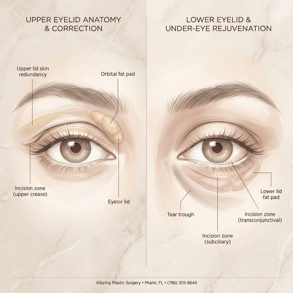 Minimal anatomical eyelid diagram labeling upper lid skin redundancy, fat pads, and lower lid/tear trough region; show incision placement zones in an elegant, non-graphic style consistent with luxury branding.