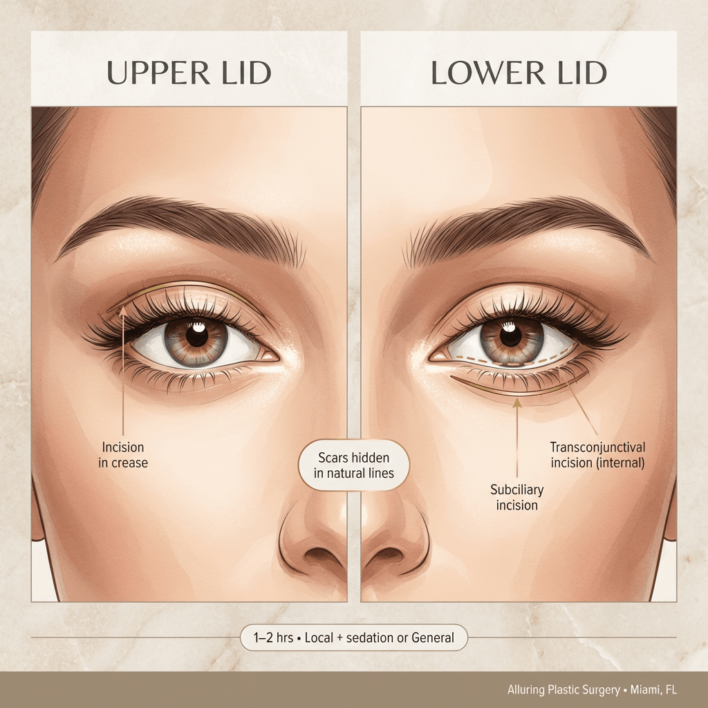 Two-panel incision map (upper lid crease + lower lid subciliary/transconjunctival options), with a “scars hidden in natural lines” callout; neutral palette with gold accent pointers.