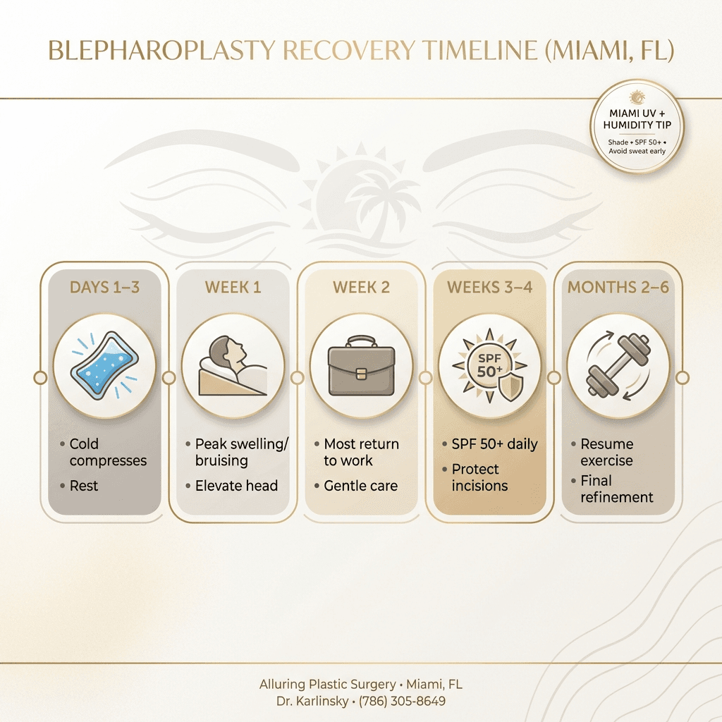 Timeline graphic (Days 1–3, Week 1, Week 2, Weeks 3–4, Months 2–6) with icons for ice packs, sleep elevation, SPF 50+, return-to-work, and exercise; include a small “Miami UV/humidity” tip badge.