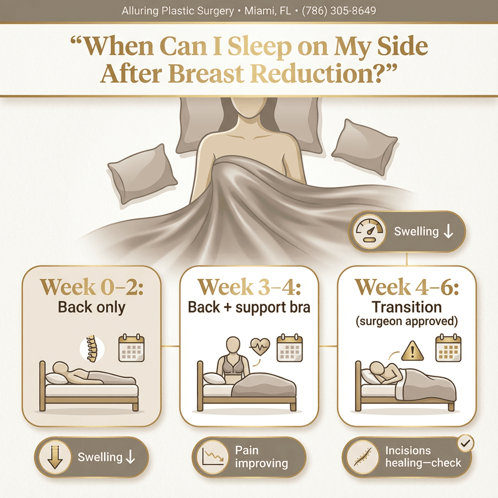A clean recovery timeline graphic: Week 0–2 (back sleeping only), Week 3–4 (still back + support), Week 4–6 (surgeon-approved transition), with callouts for swelling/pain/incision healing checks.