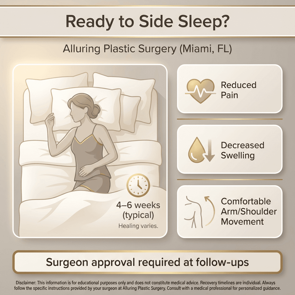 “Ready to Side Sleep?” checklist with three pillars: reduced pain, decreased swelling, comfortable arm/shoulder movement + “surgeon approval required” footer.