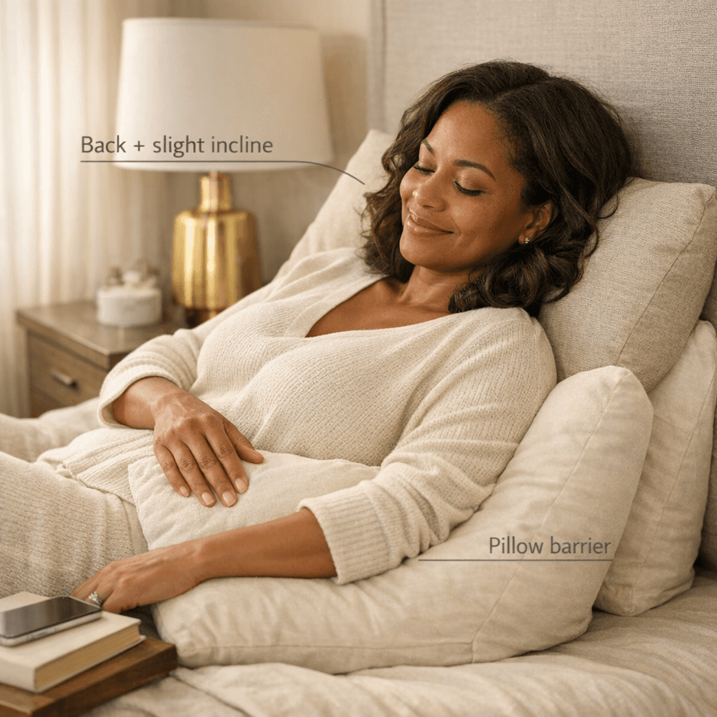 High-end bedroom scene with neutral stone linens: patient (fully clothed/pajamas) on a wedge or stacked pillows creating a gentle incline; additional pillows positioned to prevent rolling.