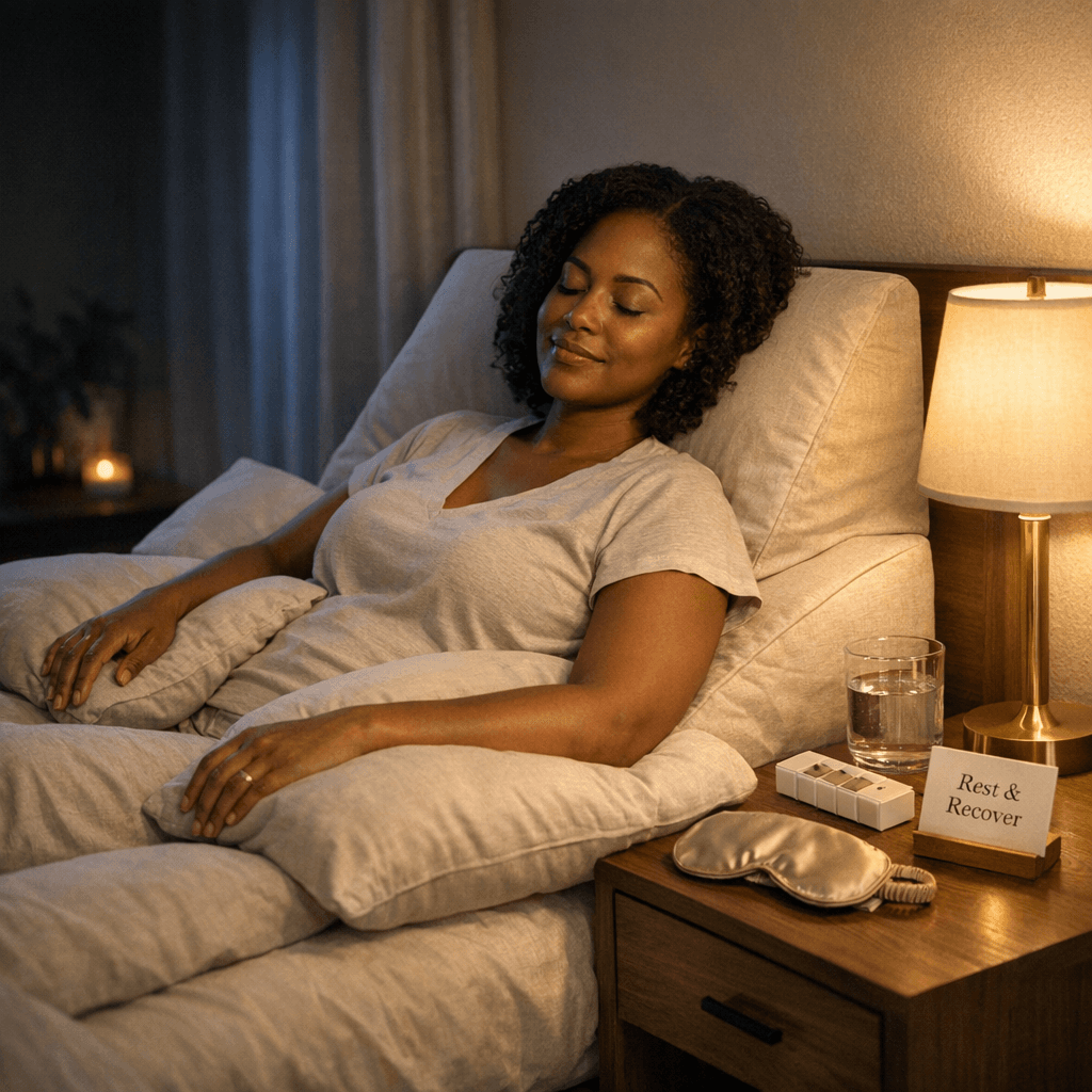 Styled, spa-like recovery sleep setup: wedge pillow on bed, extra pillows under knees/arms, dim lighting, bedside essentials (water, medication organizer) kept tasteful and minimal.