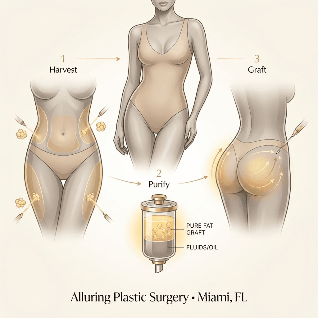 3-step BBL process illustration with donor areas (abdomen/thighs), purification, and fat grafting to buttocks; minimal, luxury palette and clear arrows