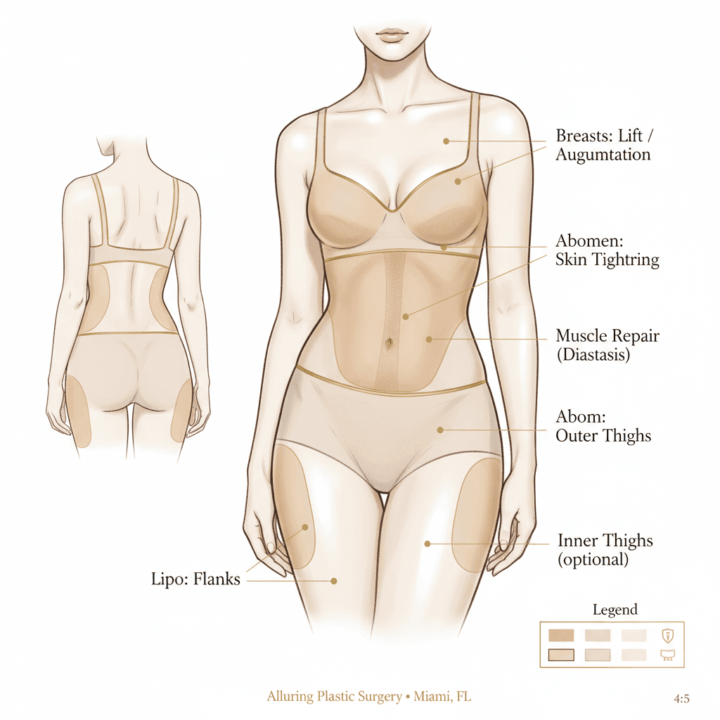 Elegant, clinic-grade diagram highlighting treatment zones for mommy makeover (abdomen muscle repair/skin, breasts lift/augmentation, lipo areas like flanks/thighs) with subtle labels