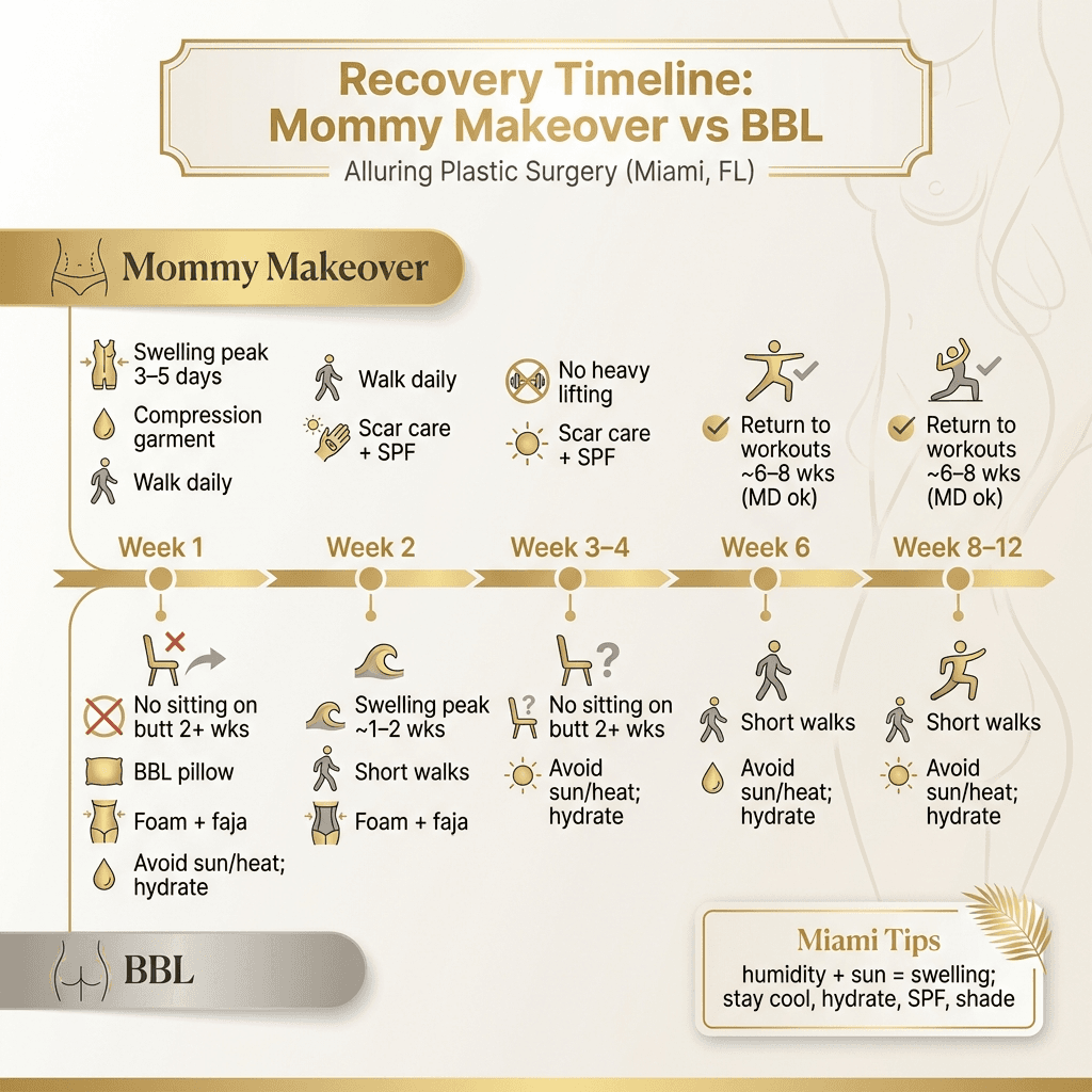 Recovery timeline infographic with two tracks (Mommy Makeover vs BBL): week-by-week milestones, sitting restrictions, garment use, sun avoidance, hydration tips