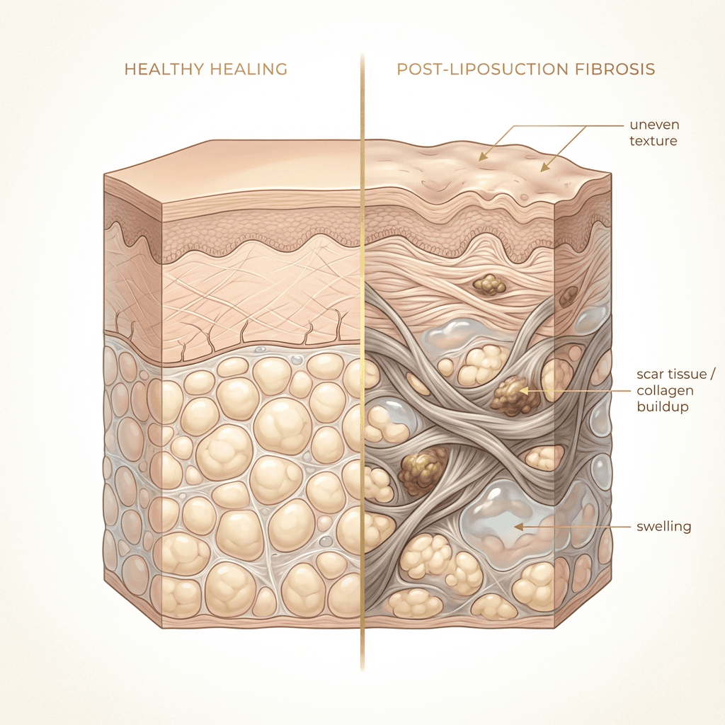 Anatomical-style cutaway illustration of skin/subcutaneous layer showing smooth tissue vs fibrotic bands/nodules after liposuction; labeled with “scar tissue/collagen buildup,” “swelling,” and “uneven texture.”