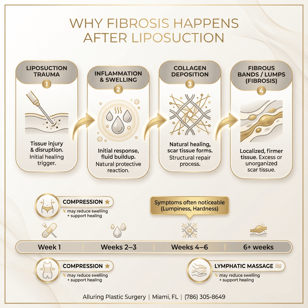 “Why fibrosis happens” mini flowchart: liposuction trauma → inflammation/swelling → collagen deposition → fibrous bands/lumps, with a simple “Week 1–6+” timeline callout and notes on compression + lymphatic massage as modifiers.